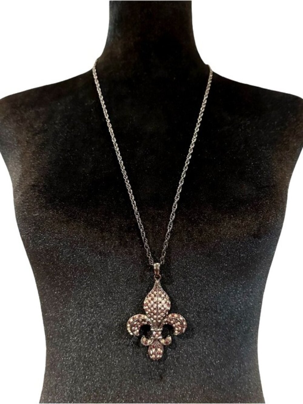 Fleur de Lis Pave Pendant Necklace Dark Gray Silver Purple Long Length 36 Inch